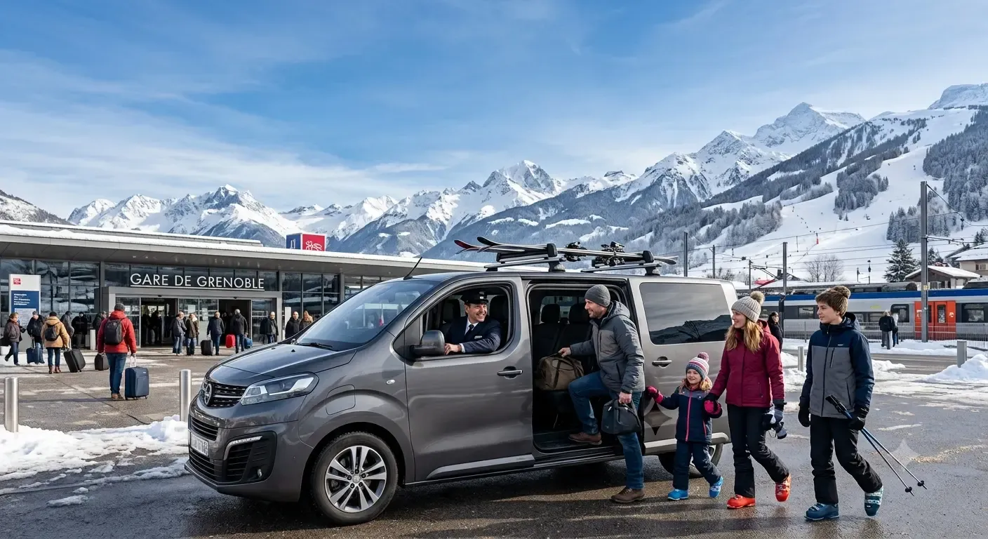 Van VTC groupe Mercedes noir neige Grenoble