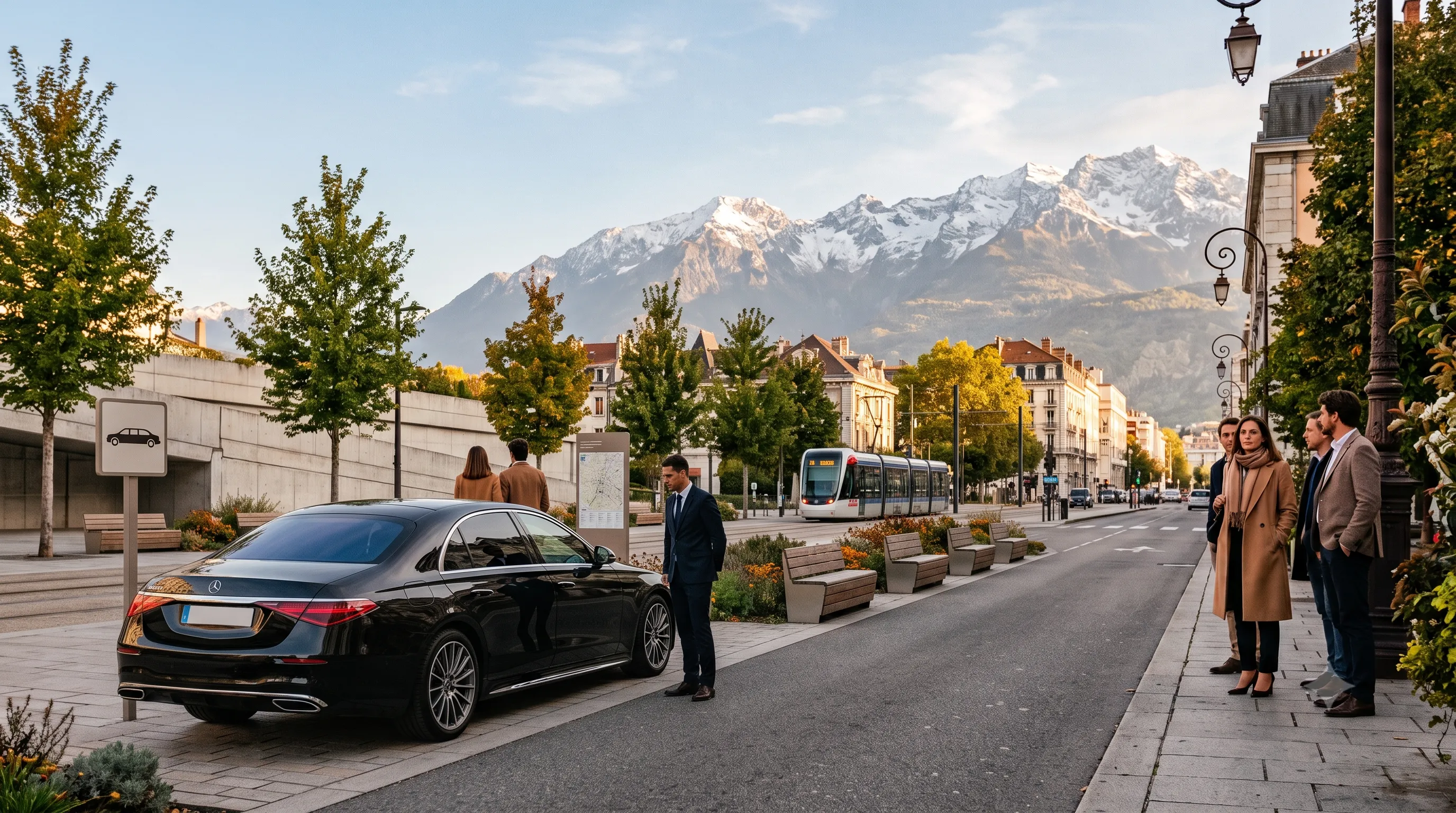 Van VTC groupe Mercedes noir neige Grenoble